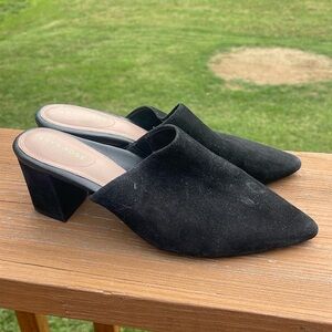 Taryn Rose Black Suede Madisson Pointed Toe Block Heel Mules Size 8